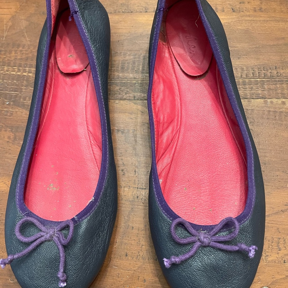 Boden Navy Leather Ballet Flats with Purple Trim and Pink Insole